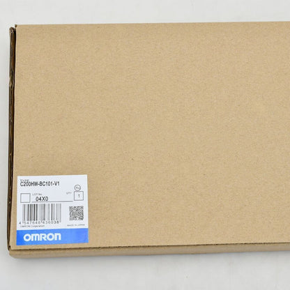Omron C200HW-BC101-V1 PLC Module in brown cardboard packaging, featuring product details and brand logo.