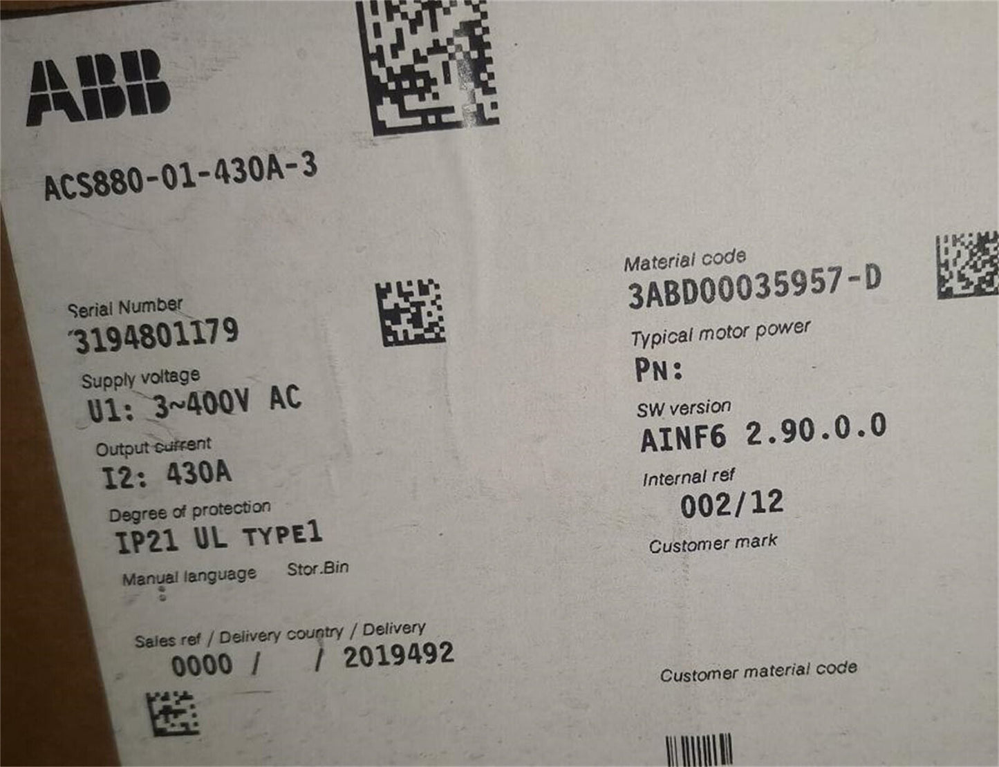 ABB ACS880-01-430A-3 Inverter Label: Serial Number 3194801179, 430A, AINF6 2.90.0.0, 002/12