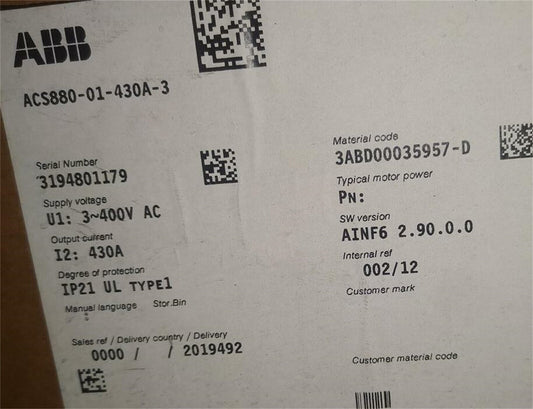 ABB ACS880-01-430A-3 Inverter Label: Serial Number 3194801179, 430A, AINF6 2.90.0.0, 002/12