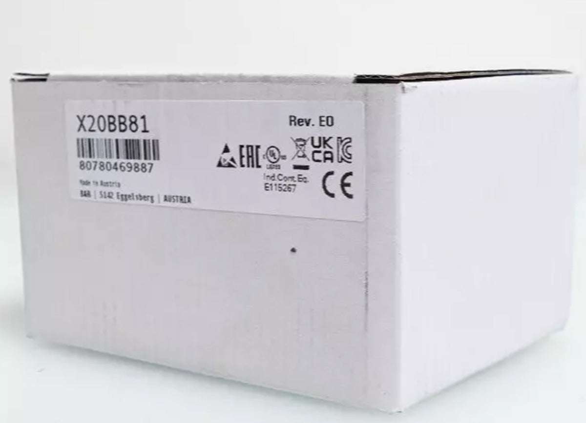 B&R X20BB81 PLC Module packaging. White box with product details and certifications.