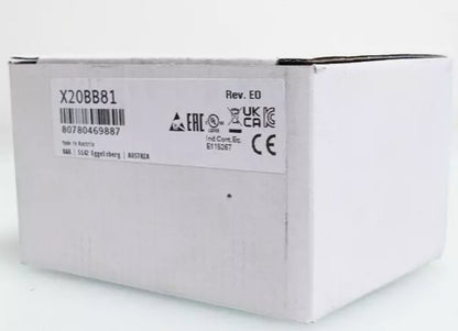 B&R X20BB81 PLC Module packaging. White box with product details and certifications.