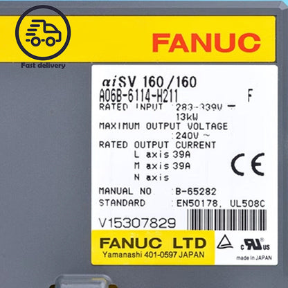 FANUC A06B-6114-H211 Servo Drive with specifications: 160/160, 283-339V, 13kW, 240V output, from Japan.