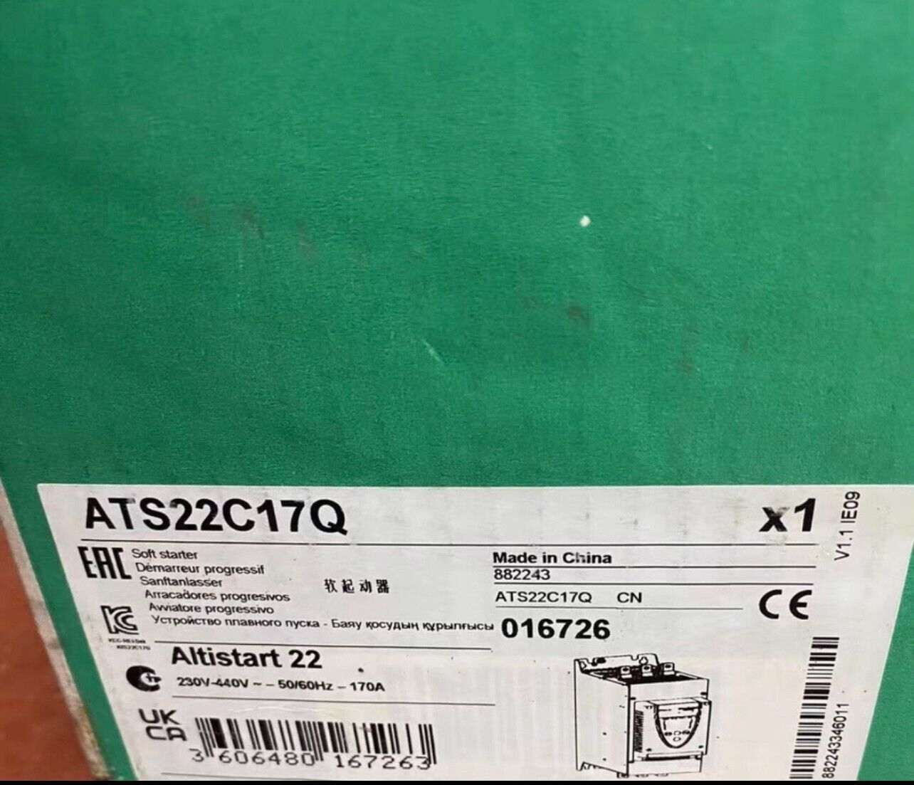 Schneider ATS22C17Q soft starter product, 230V-440V, featuring key specifications and certifications.