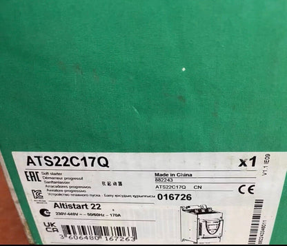 Schneider ATS22C17Q soft starter product, 230V-440V, featuring key specifications and certifications.