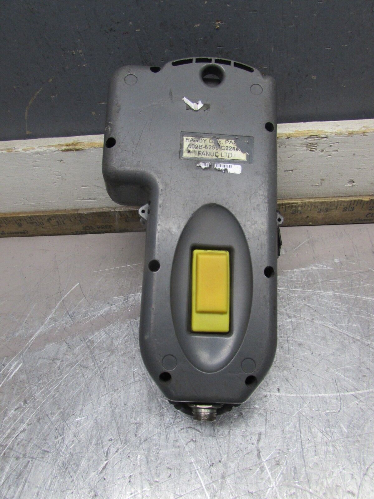 FANUC A02B-0259-C221#A Teach Pendant, grey industrial control unit with yellow button, FANUC LTD