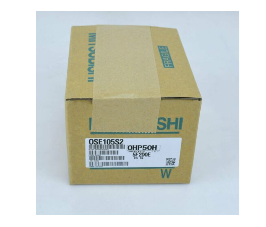 Mitsubishi OSE105S2 motor driver in a cardboard box. Features product label OHP50H, SF2D0E.