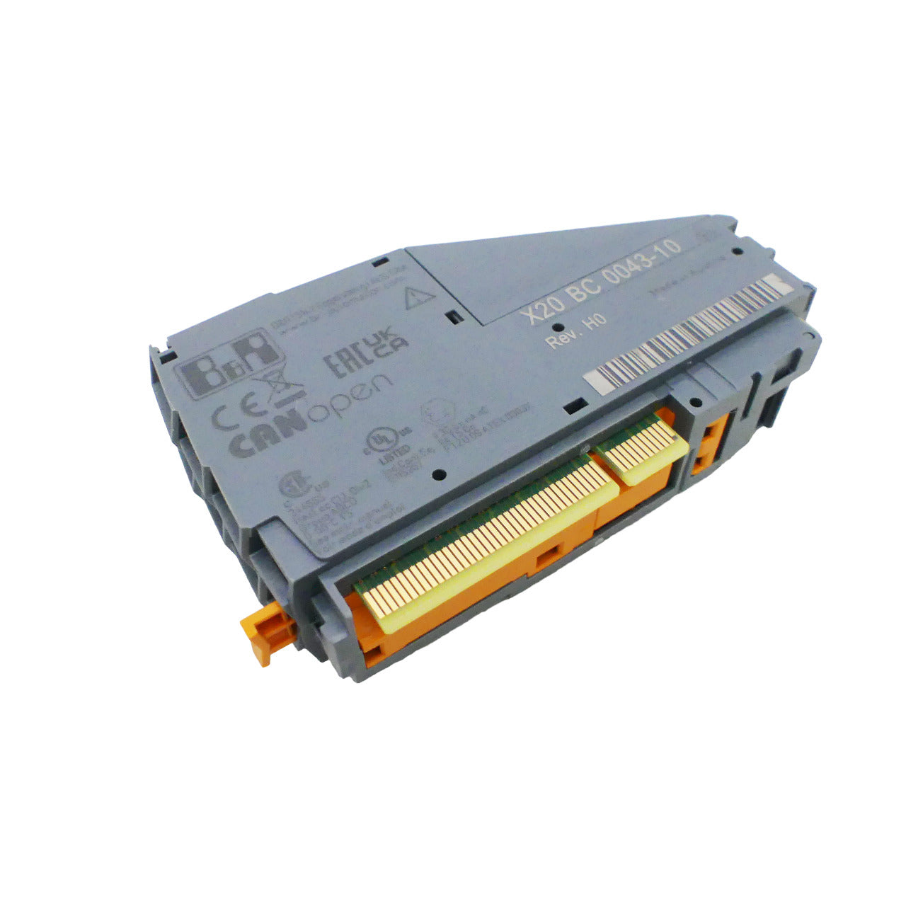 B&R X20 BC 0043-10 Remote I/O Bus Controller Rev. H0, grey and orange module.