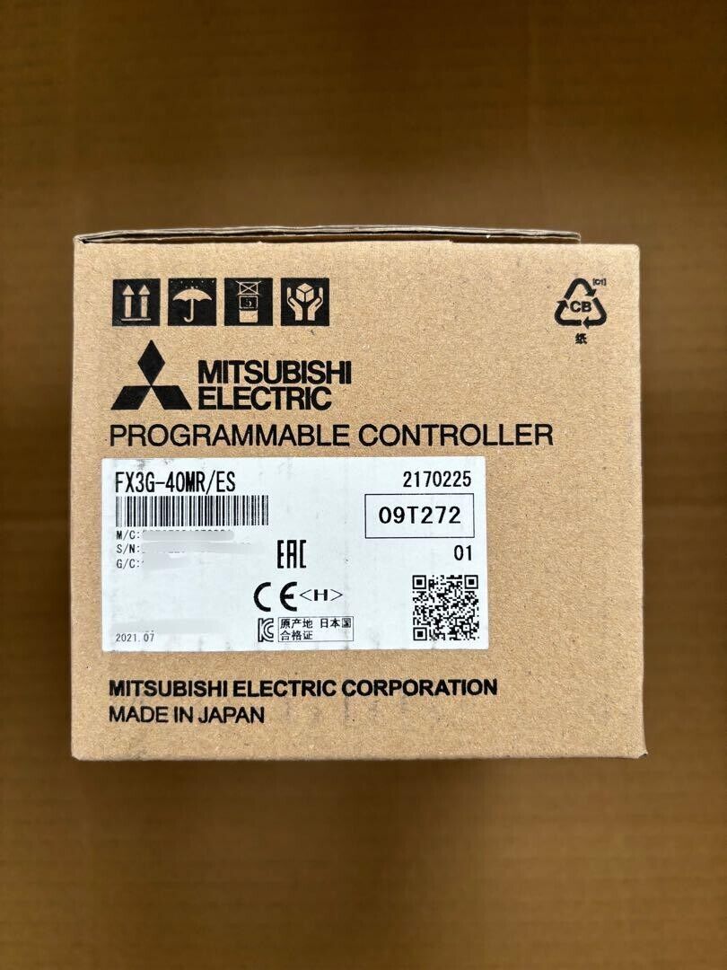 Mitsubishi FX3G-40MR/ES PLC unit box. Made in Japan, includes EAC and CE certifications.