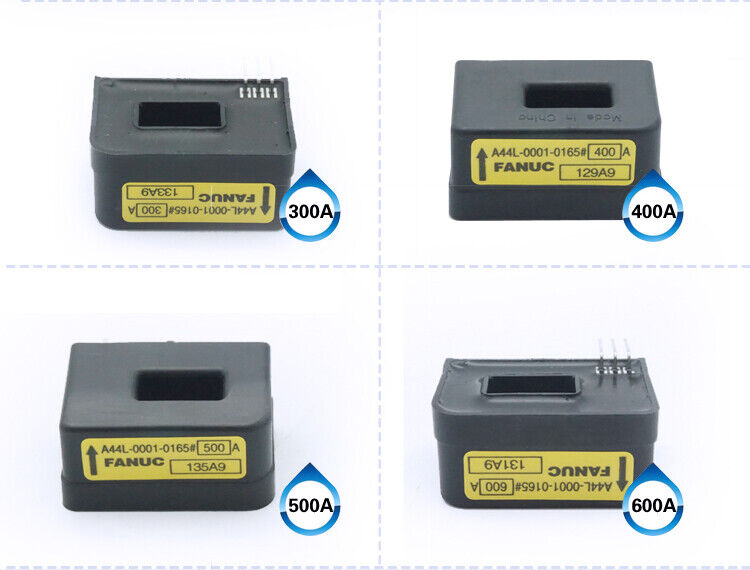 FANUC A44L-0001-0165# PLC current sensor modules (300A-600A) in black, industrial automation parts.
