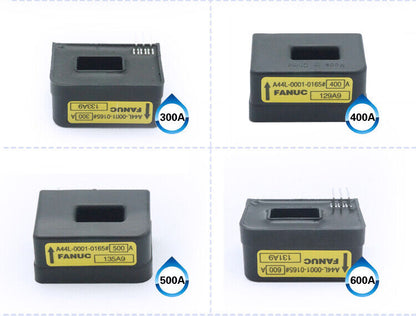 FANUC A44L-0001-0165# PLC current sensor modules (300A-600A) in black, industrial automation parts.