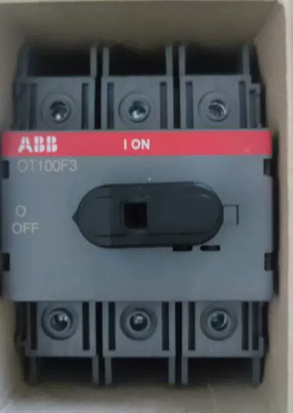 ABB OT100F3 switch disconnector 3P 100A, ON/OFF switch detail, featuring grey plastic body and red ON indicator.