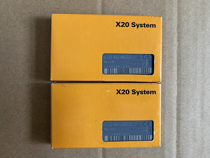 Two B&R X20 AO 4622 Analog Output Modules in yellow packaging, featuring X20 System industrial automation.