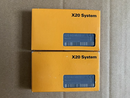 Two B&R X20 AO 4622 Analog Output Modules in yellow packaging, featuring X20 System industrial automation.