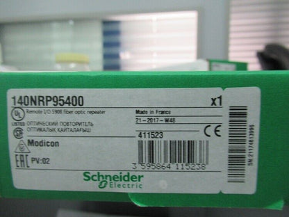 Schneider Electric 140NRP95400 PLC Module, green box, Made in France, fiber optic repeater