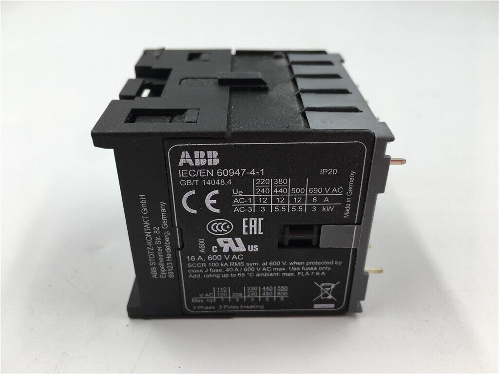 ABB B7-22-00-P AC Contactor 24VAC, Industrial automation part, features IEC/EN 60947-4-1, IP20, and multiple voltage ratings.