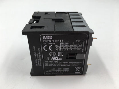 ABB B7-22-00-P AC Contactor 24VAC, Industrial automation part, features IEC/EN 60947-4-1, IP20, and multiple voltage ratings.