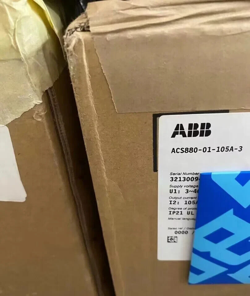 ABB ACS880-01-105A-3 frequency converter box, new in stock, with product specifications visible.
