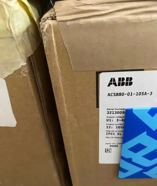 ABB ACS880-01-105A-3 frequency converter box, new in stock, with product specifications visible.