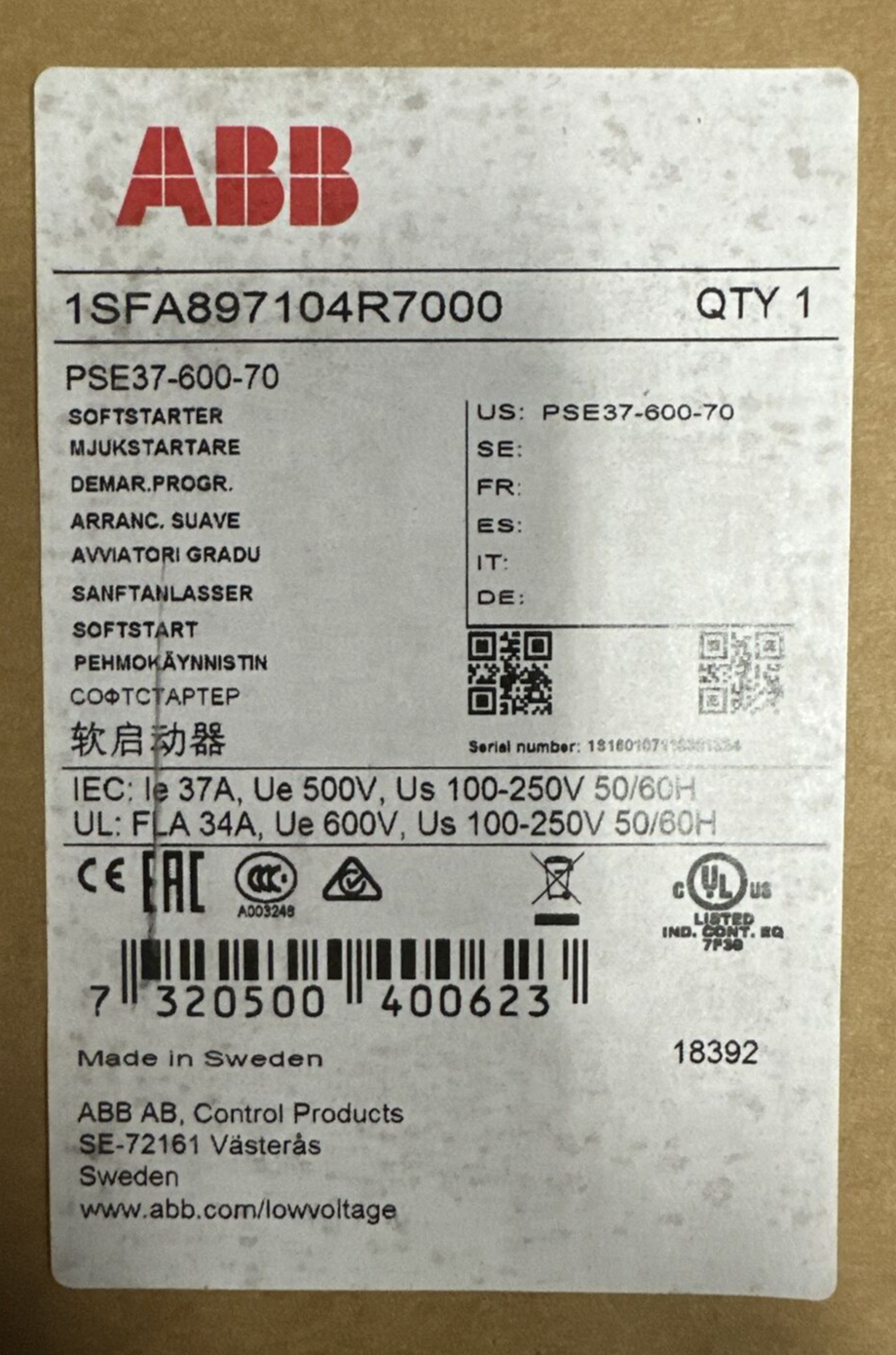 ABB PSE37-600-70 Soft Starter Label, 37A, 100-250VAC, New in Box - Industrial Automation Parts