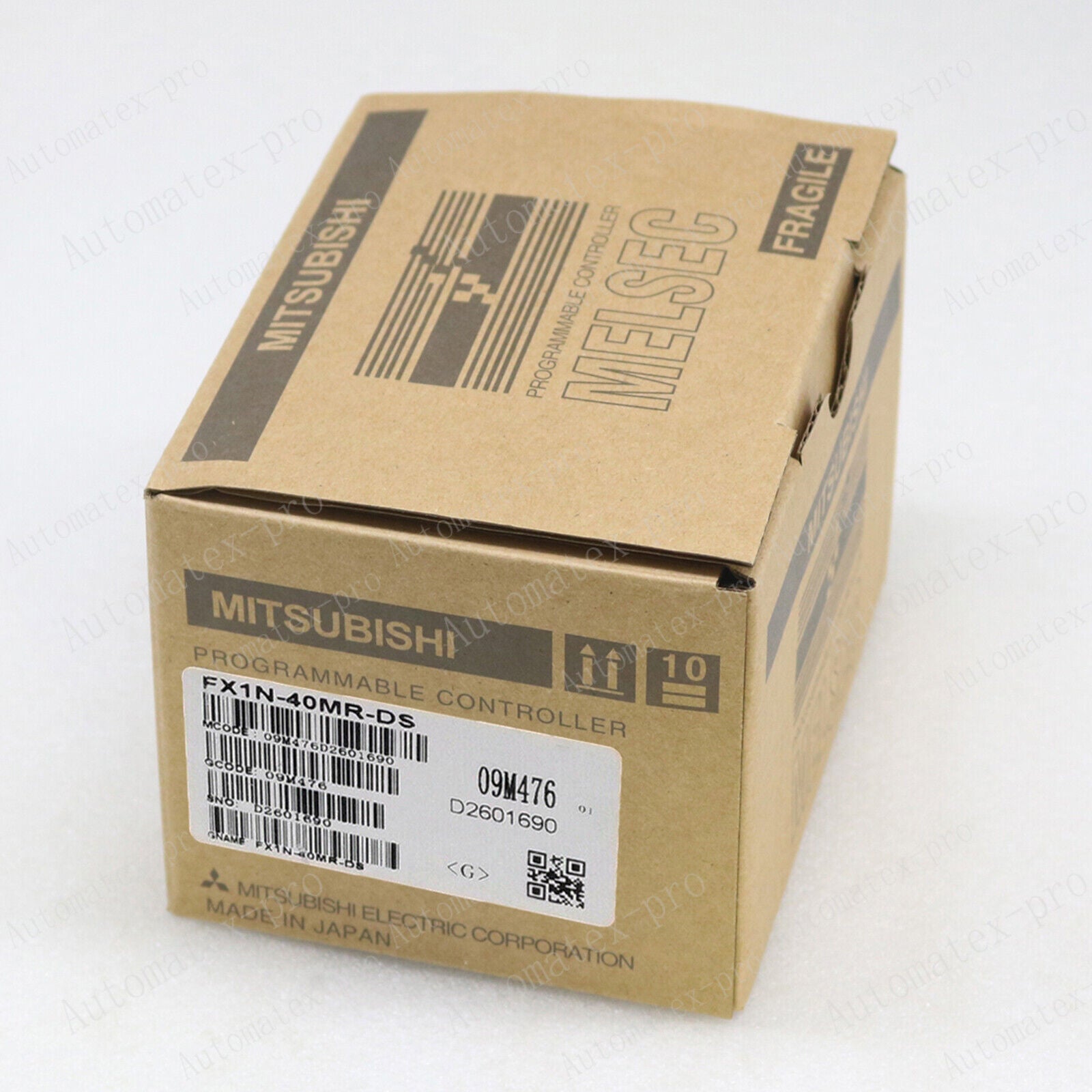 Mitsubishi FX1N-40MR-DS PLC Programmable Controller in box, Made in Japan. Features model and serial number details, MELSEC.