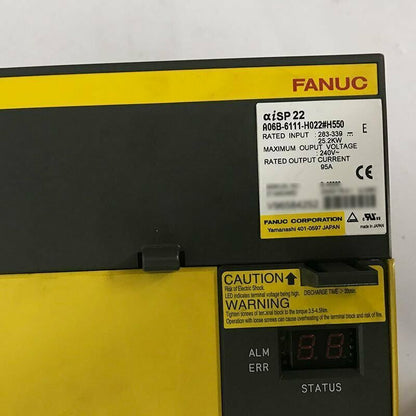 FANUC Servo Amplifier A06B-6111-H022#H550 with warnings and specifications, 240V output, fast shipping.