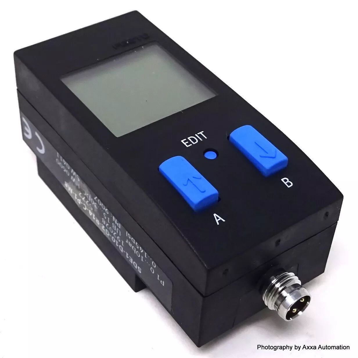 Festo SDE1-D10-G2-R14-C-P1-M8 pressure sensor with display, buttons, and connector, industrial automation part.