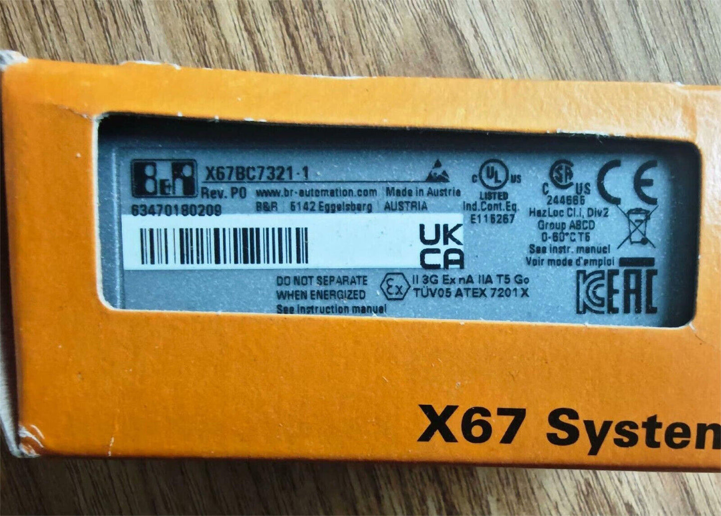 B&R X67BC7321-1 I/O Module label, part of industrial automation equipment, new in box.