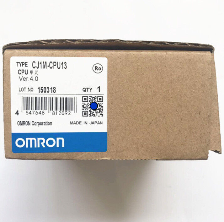 Omron CJ1M-CPU13 PLC in box, new condition, featuring product details and barcode.
