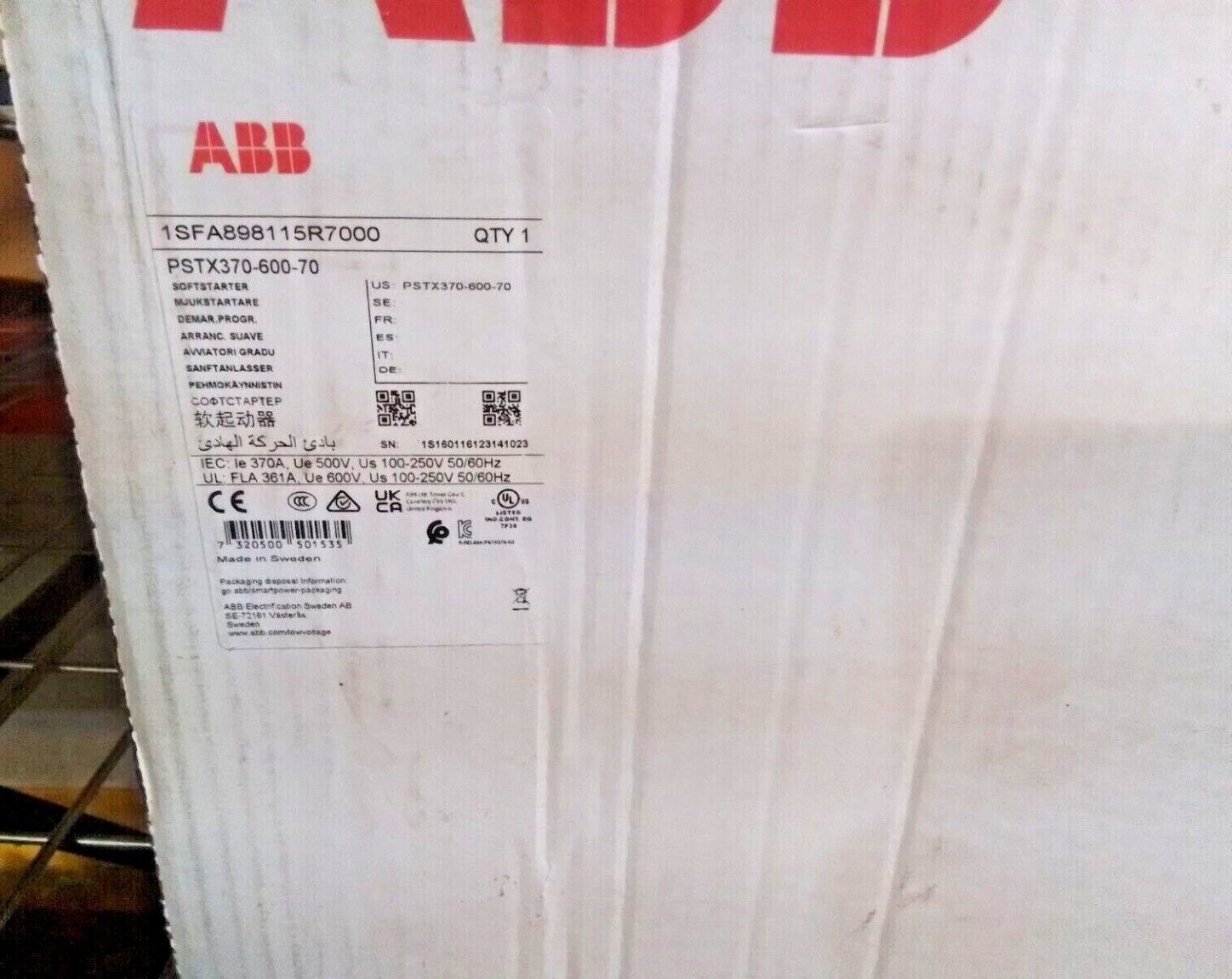 ABB PSTX370-600-70 Soft Starter in original packaging, featuring product details and specifications, new in box.