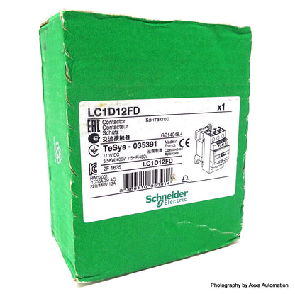 Schneider Electric LC1D12FD contactor in green packaging, 110VDC, industrial automation part.