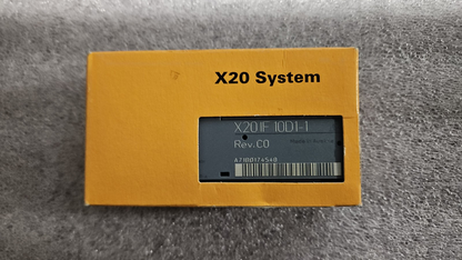 B&R X20IF10D1-1 Interface Module in yellow box, X20 System, Made in Austria, industrial automation part.