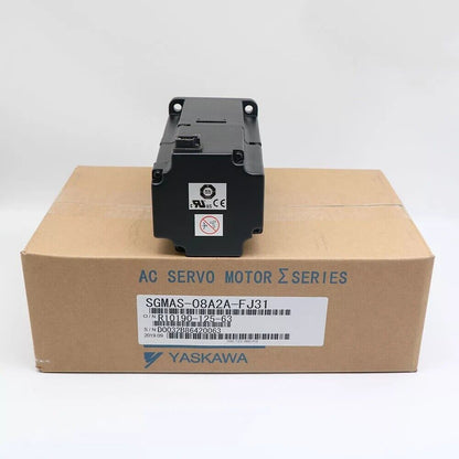 YASKAWA SGMAS-08A2A-FJ31 AC Servo Motor in box, industrial automation component.