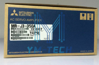 Mitsubishi MR-J3-350A AC Servo Amplifier in its original packaging, featuring product details and specifications.