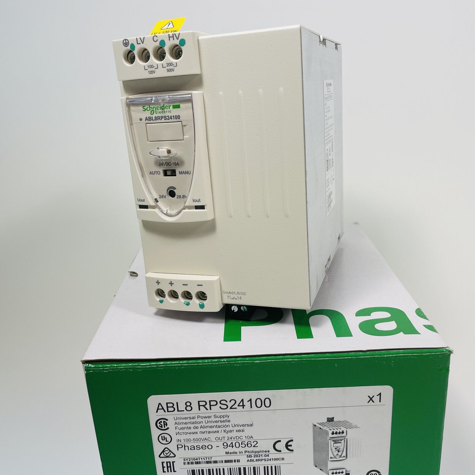 Schneider Electric ABL8RPS24100 power supply, 24VDC, DIN rail mount. Industrial automation component.