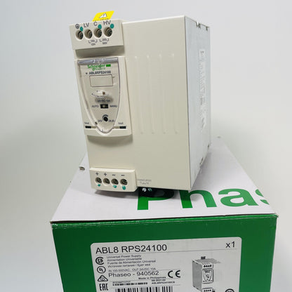 Schneider Electric ABL8RPS24100 power supply, 24VDC, DIN rail mount. Industrial automation component.
