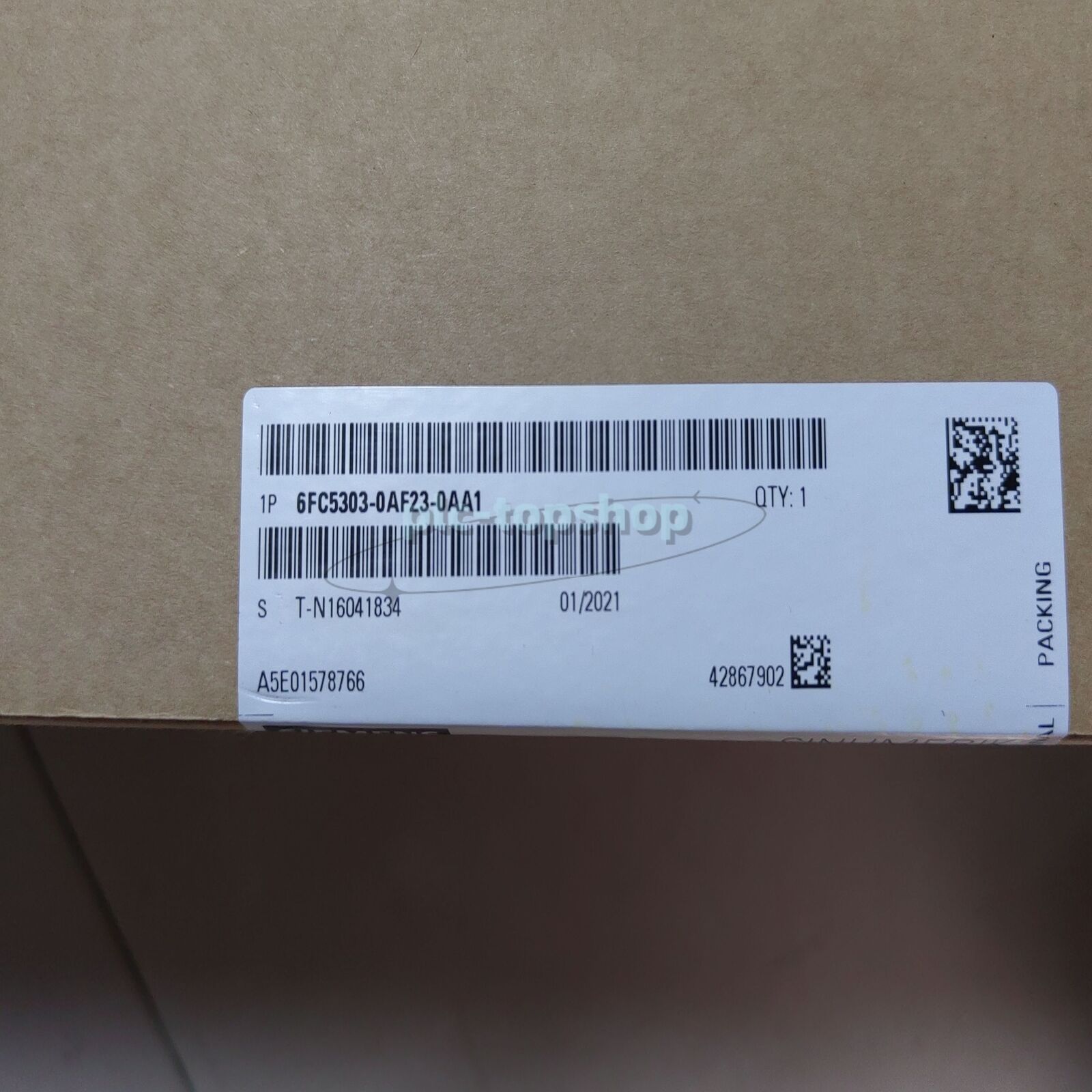 Siemens 6FC5303-0AF23-0AA1 control panel box label, barcode, quantity 1, industrial automation part