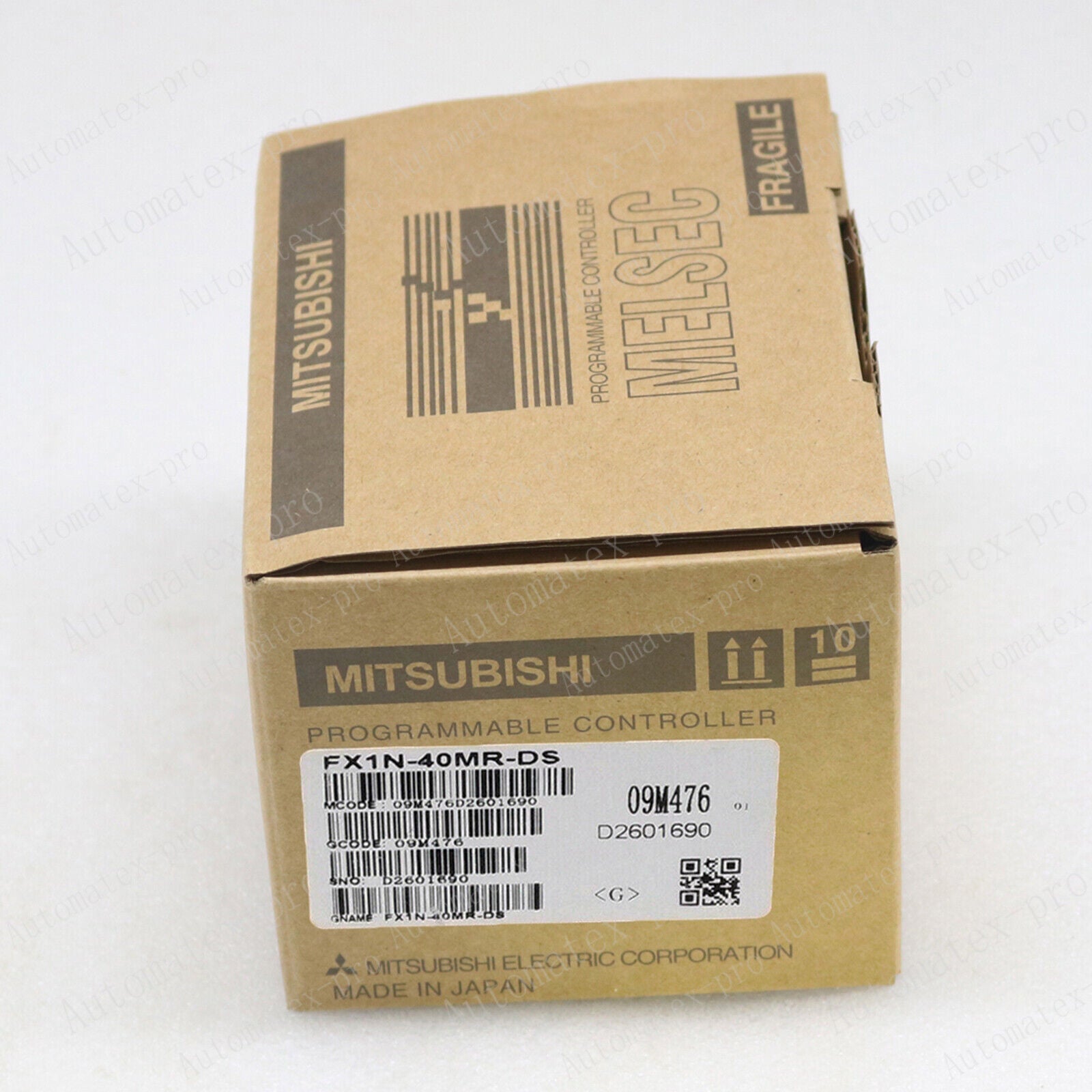 Mitsubishi FX1N-40MR-DS PLC Programmable Controller in box, featuring model and serial number details.