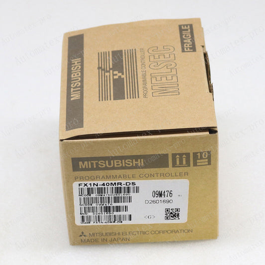 Mitsubishi FX1N-40MR-DS PLC Programmable Controller in box, featuring model and serial number details.