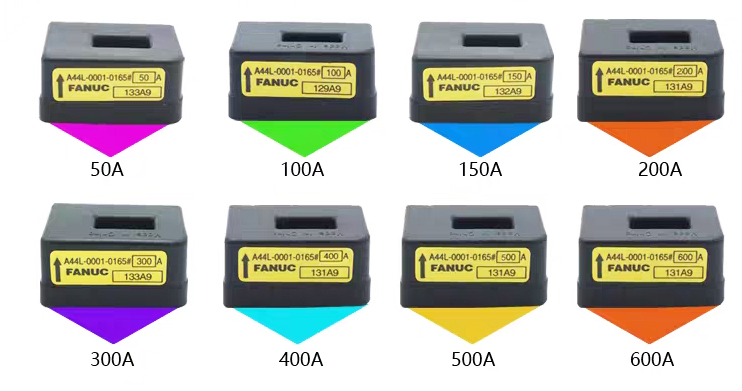 FANUC A44L-0001-0165# PLC current sensor modules ranging from 50A to 600A, black, industrial automation parts.