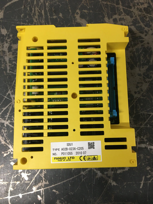 FANUC A02B-0236-C205 Position Detect Module, yellow PLC component with label showing product details.