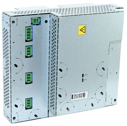 ABB DSQC406 Drive Unit, silver metal casing with green connectors and warning label, PLC component