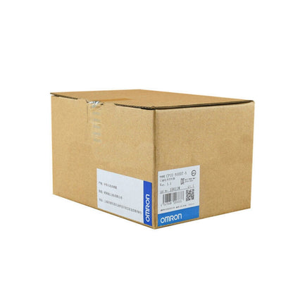 OMRON CP1E-N40DT-A PLC module in cardboard box. New product packaging with OMRON logo.