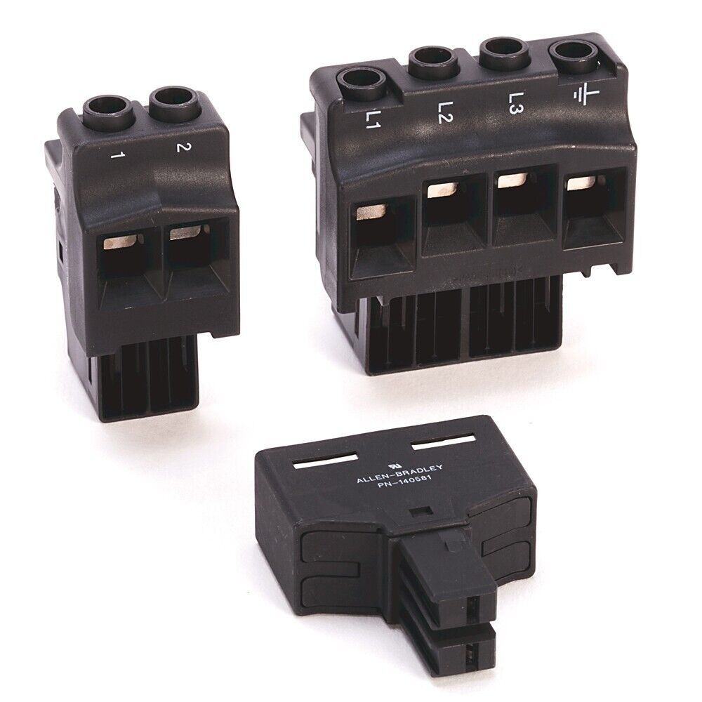 Allen-Bradley 2198-P070 Kinetix 5700 connector kit components: black plastic modules with L1, L2, L3, and ground labels.