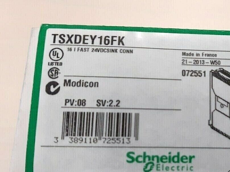 Schneider Electric TSXDEY16FK Communication Module on its original packaging, Made in France, PV:08 SV:2.2