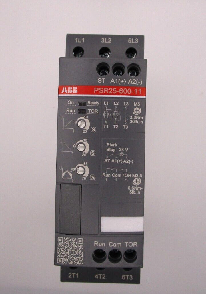 ABB PSR25-600-11 PLC soft starter module, 240V. Features On, Run, TOR indicators. Industrial automation component.
