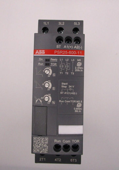 ABB PSR25-600-11 PLC soft starter module, 240V. Features On, Run, TOR indicators. Industrial automation component.