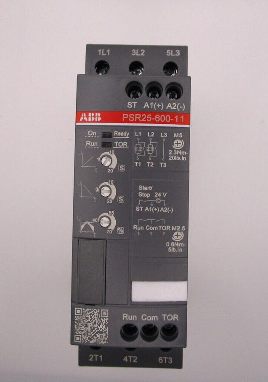 ABB PSR25-600-11 PLC soft starter module, 240V. Features On, Run, TOR indicators. Industrial automation component.