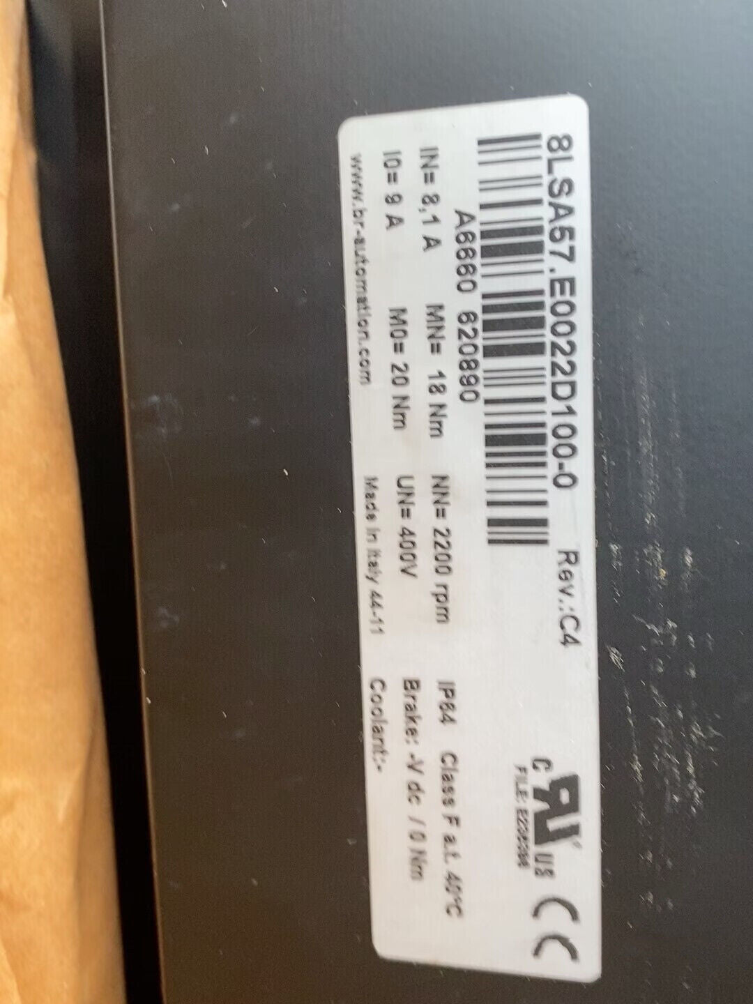 B&R 8LSA57.E0022D100-0 servo motor product label with technical specifications, including voltage, speed, and torque ratings.