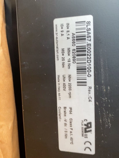 B&R 8LSA57.E0022D100-0 servo motor product label with technical specifications, including voltage, speed, and torque ratings.