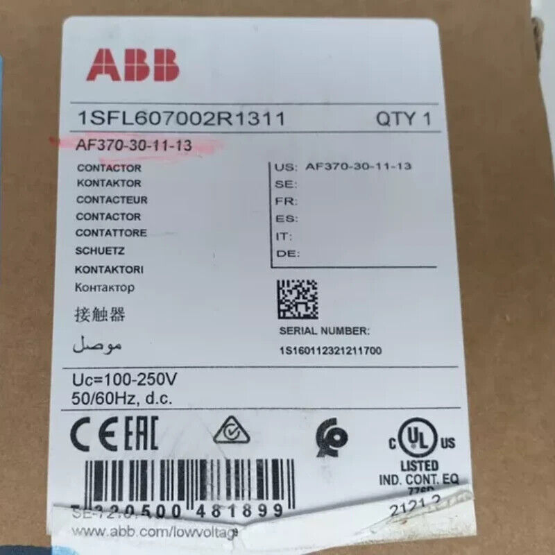 ABB AF370-30-11-13 Contactor product label, showing part number, specifications, and certifications.